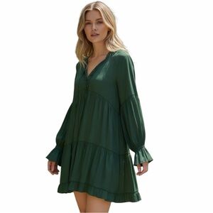 O.P.T. Dark Green Tiered Silky Mini Dress - Boho Babydoll - NWT Size Small